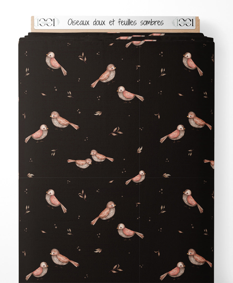 Tissu - Oiseaux doux et feuilles sombres