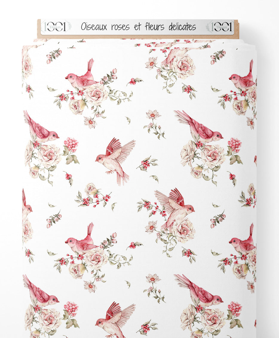 Tissu - Oiseaux roses et fleurs délicates