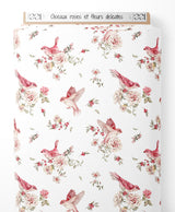 Tissu - Oiseaux roses et fleurs délicates
