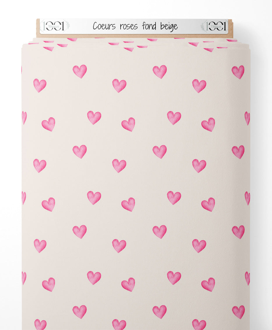 Tissu - Cœurs roses sur fond beige