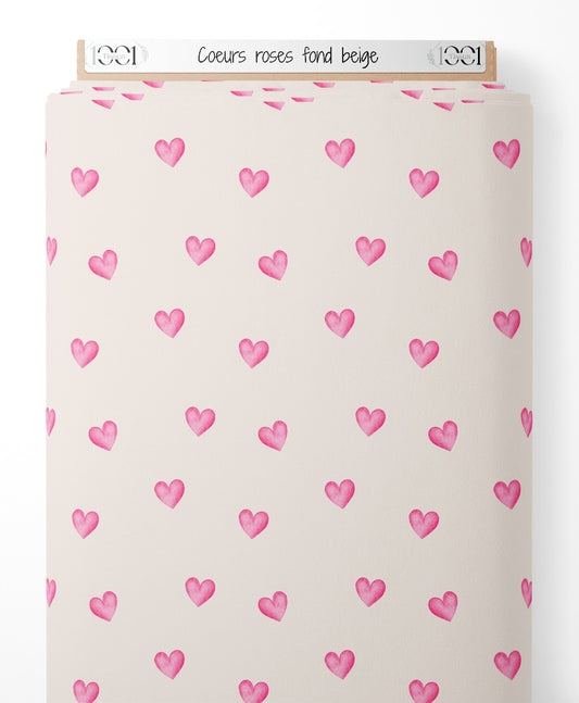 Tissu - Cœurs roses sur fond beige