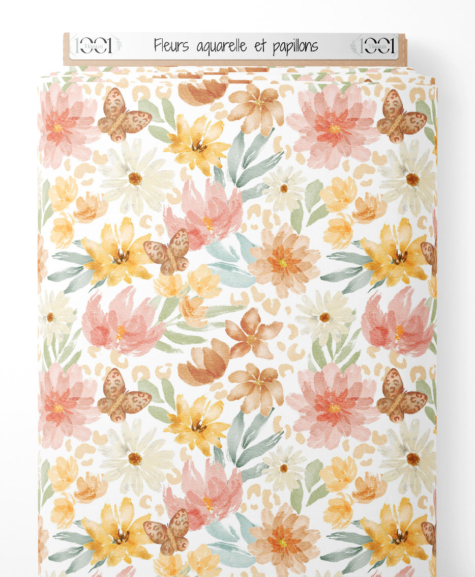 Tissu - Fleurs aquarelle et papillons
