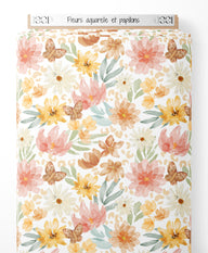 Tissu - Fleurs aquarelle et papillons