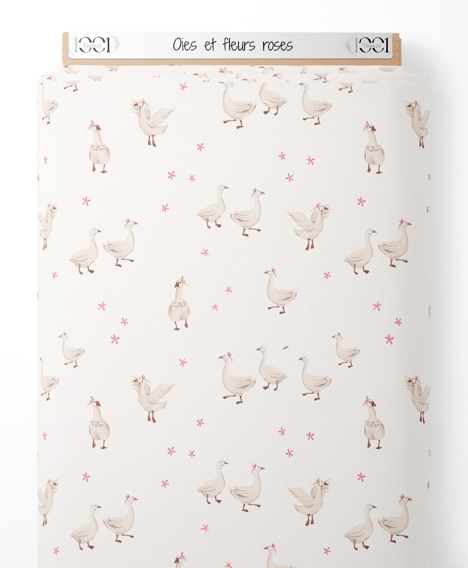 Tissu - Oies et fleurs roses
