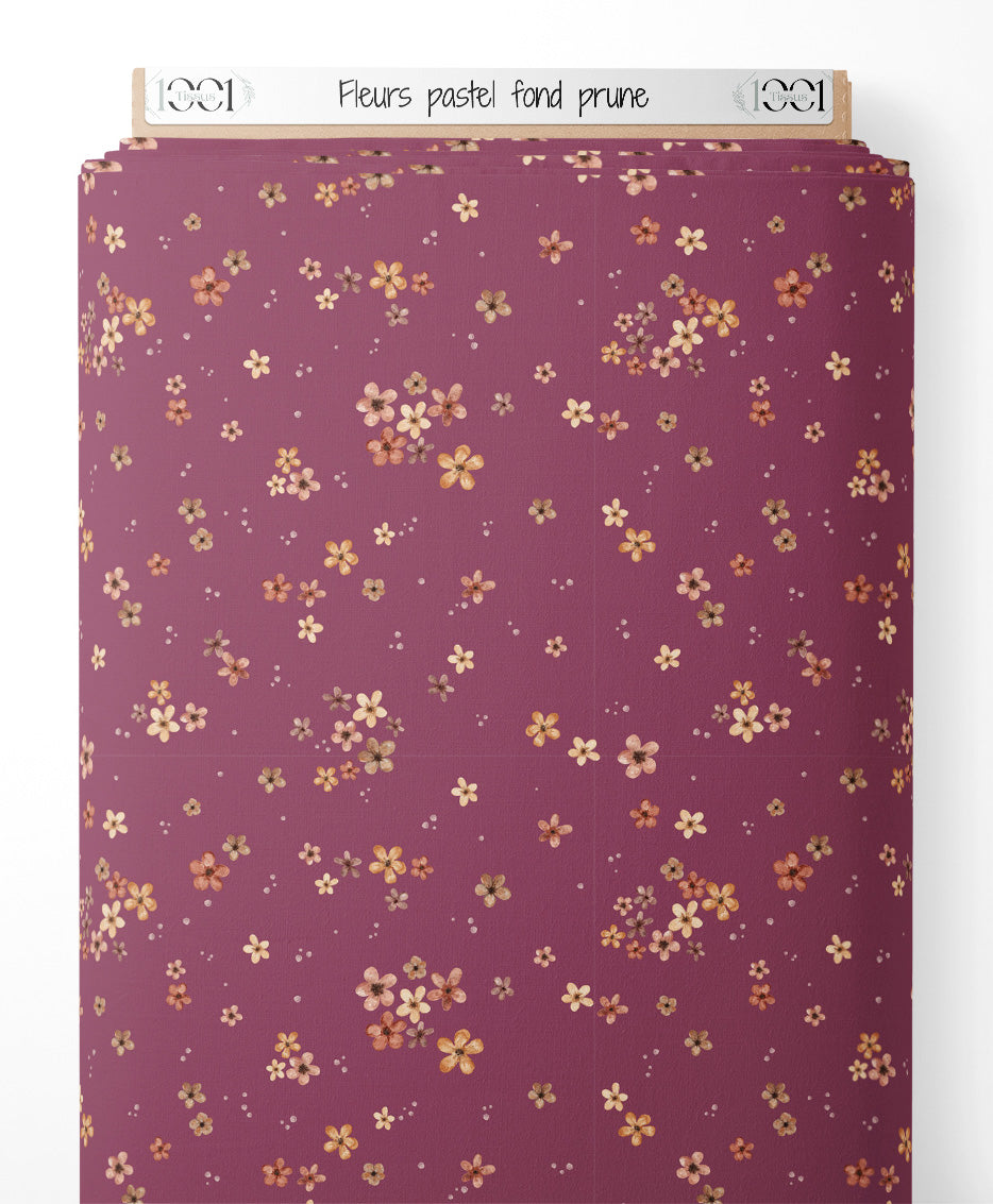 Tissu - Fleurs pastel sur fond prune