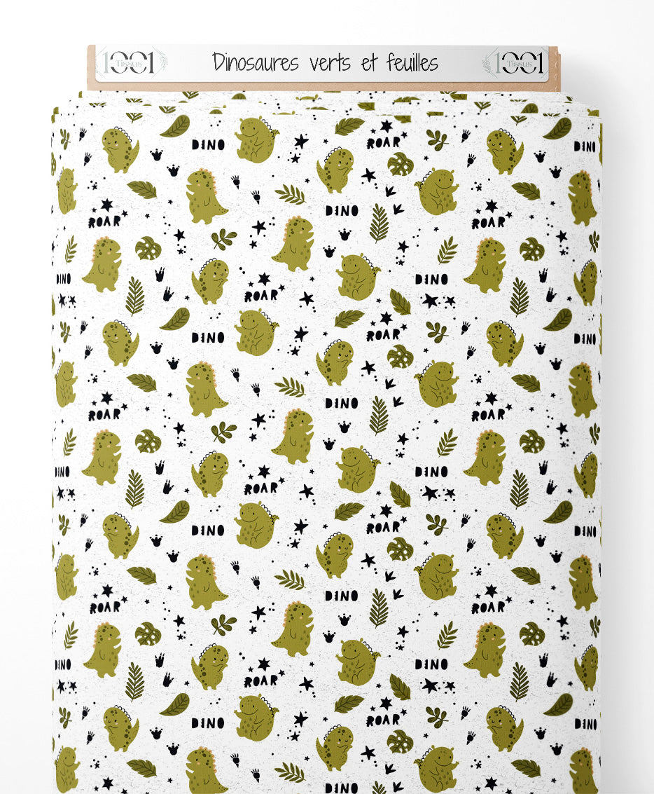 Tissu - Dinosaures verts et feuilles