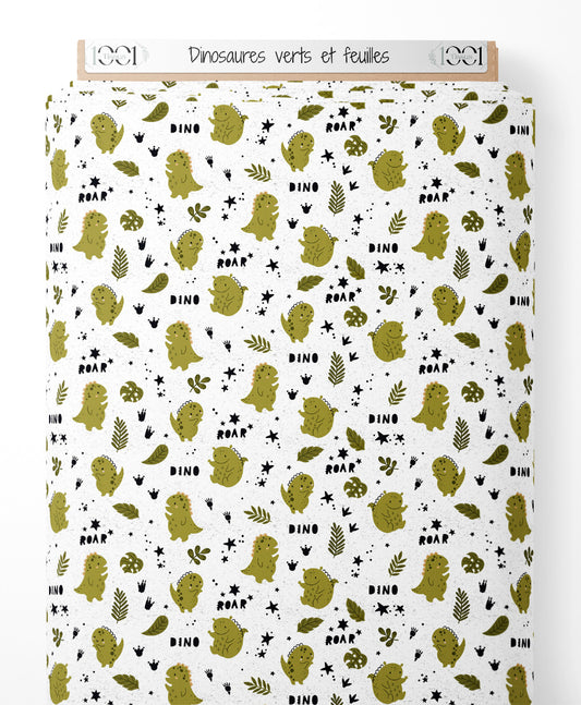 Tissu - Dinosaures verts et feuilles