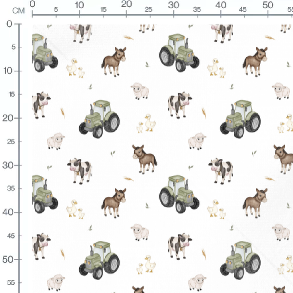 Tissu - Tracteurs et animaux sur blanc