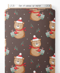 Tissu - Ours et cadeaux sur marron