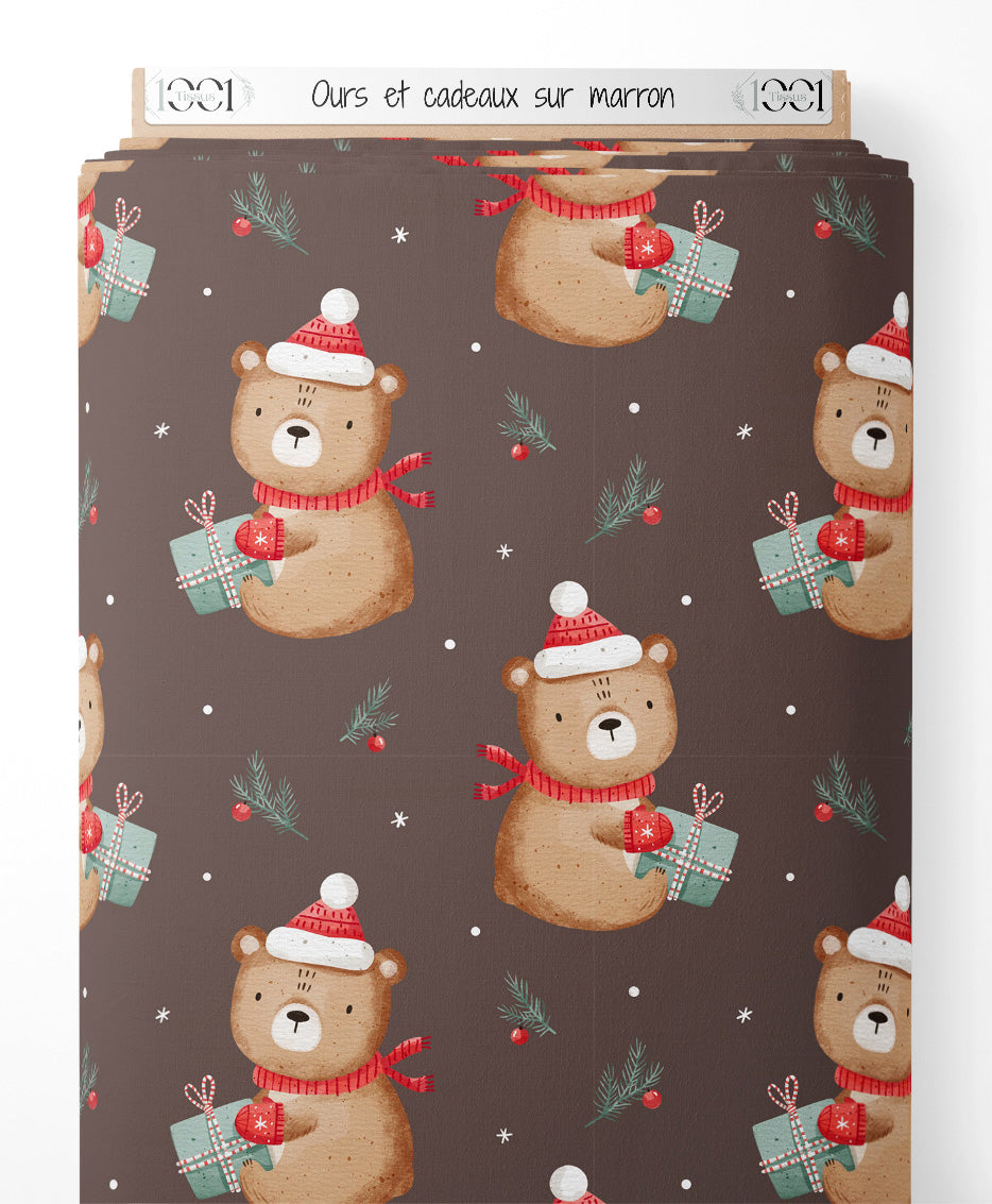Tissu - Ours et cadeaux sur marron