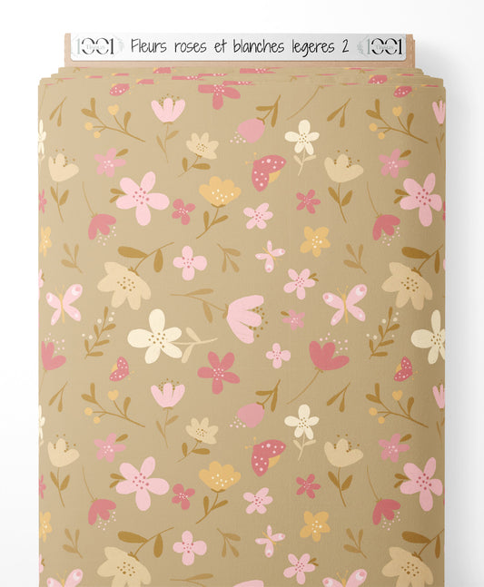 Tissu - Fleurs roses et blanches légères 2