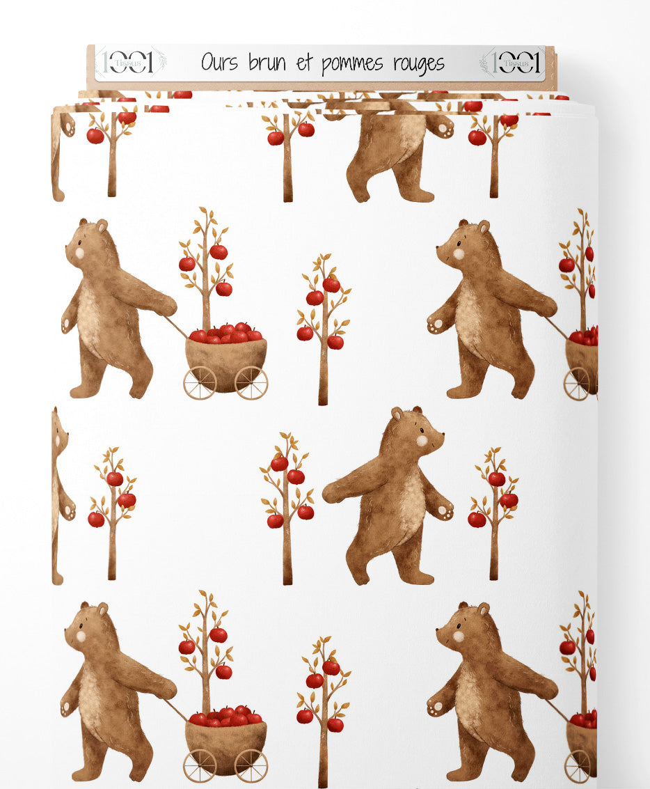 Tissu - Ours brun et pommes rouges