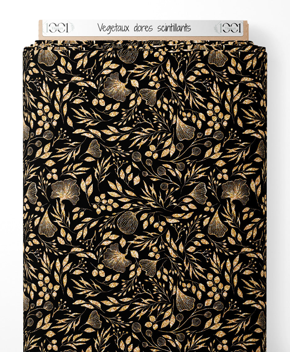 Tissu - Végétaux dorés scintillants