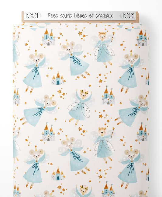 Tissu - Fées souris bleues et châteaux