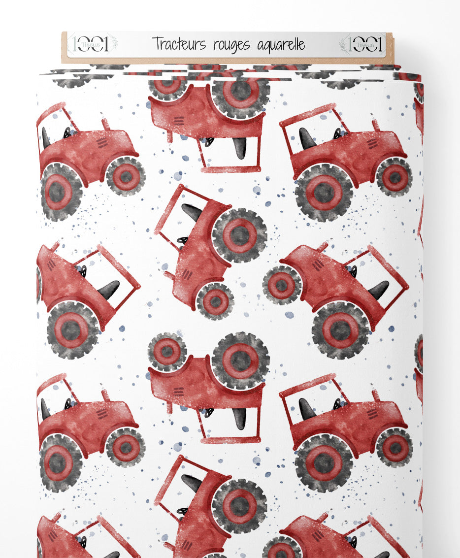 Tissu - Tracteurs rouges aquarelle
