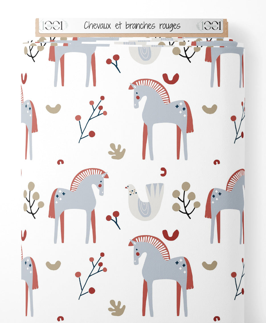 Tissu - Chevaux et branches rouges