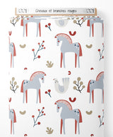 Tissu - Chevaux et branches rouges