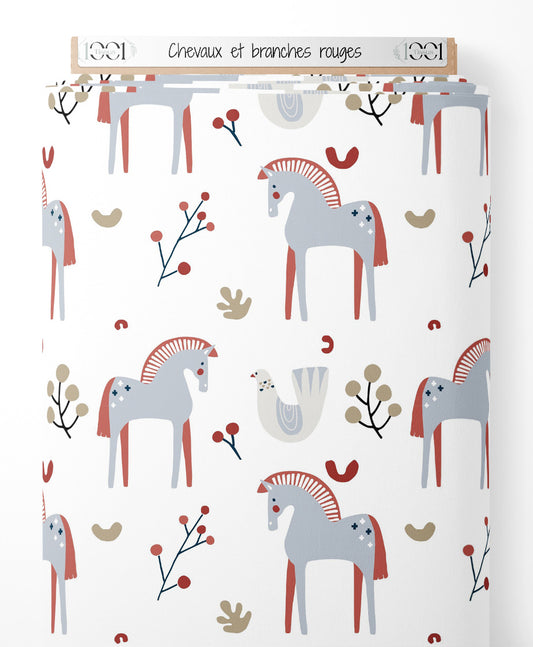 Tissu - Chevaux et branches rouges