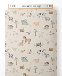 Tissu - Ferme animée sur fond beige