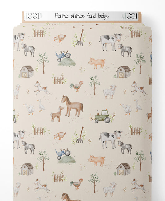 Tissu - Ferme animée sur fond beige