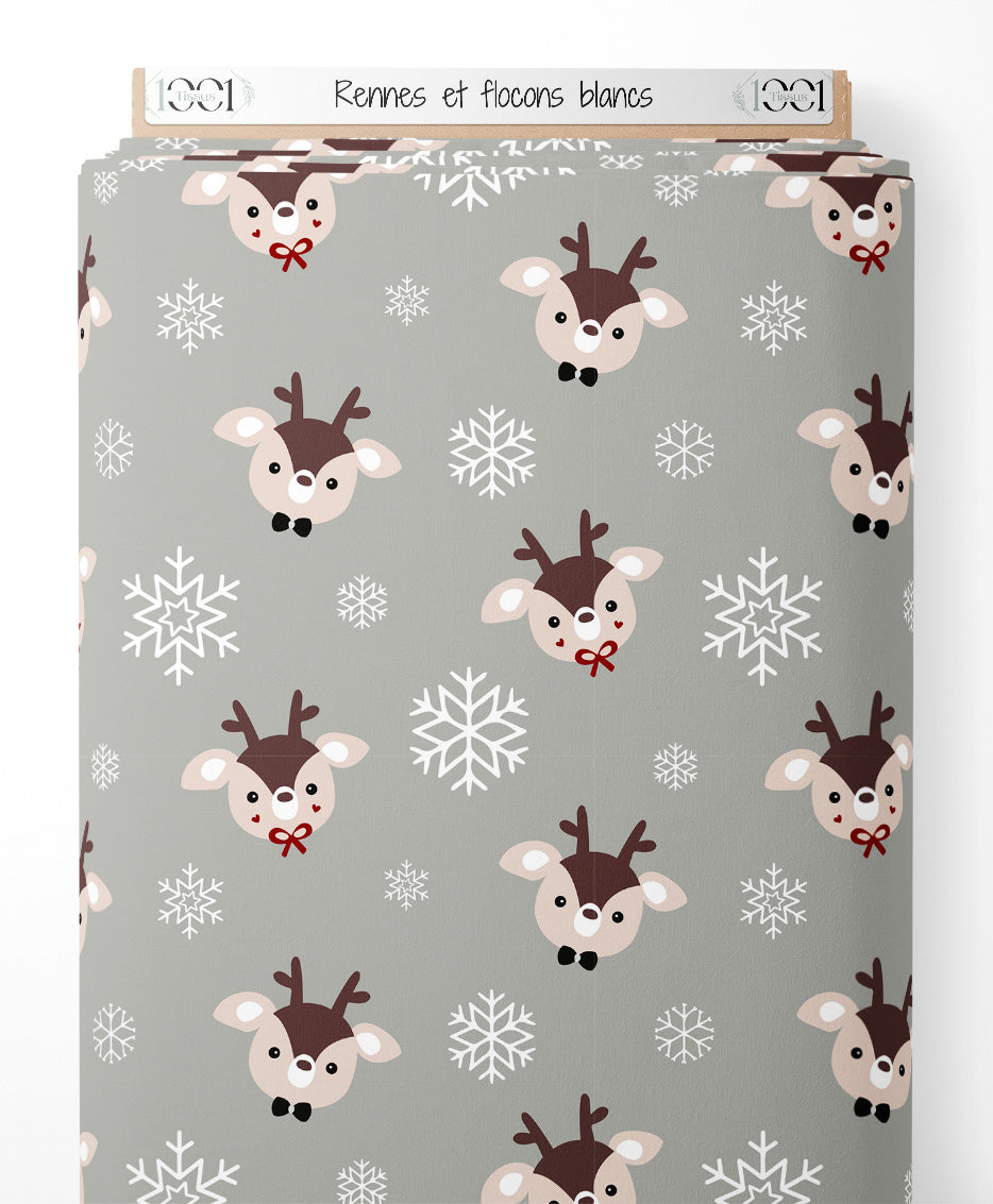 Tissu - Rennes et flocons blancs
