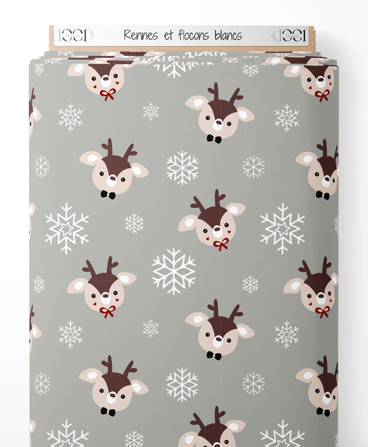 Tissu - Rennes et flocons blancs