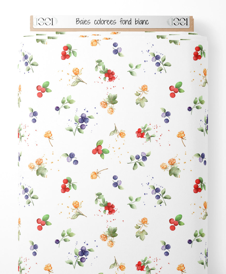 Tissu - Baies colorées sur fond blanc