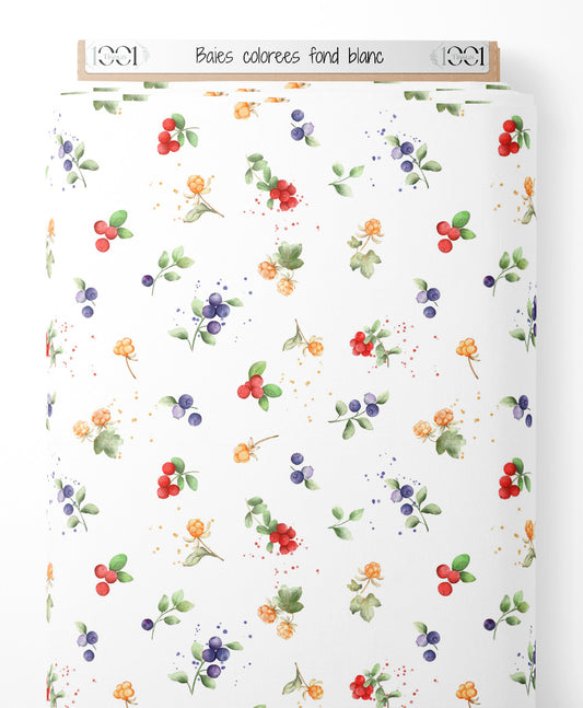 Tissu - Baies colorées sur fond blanc