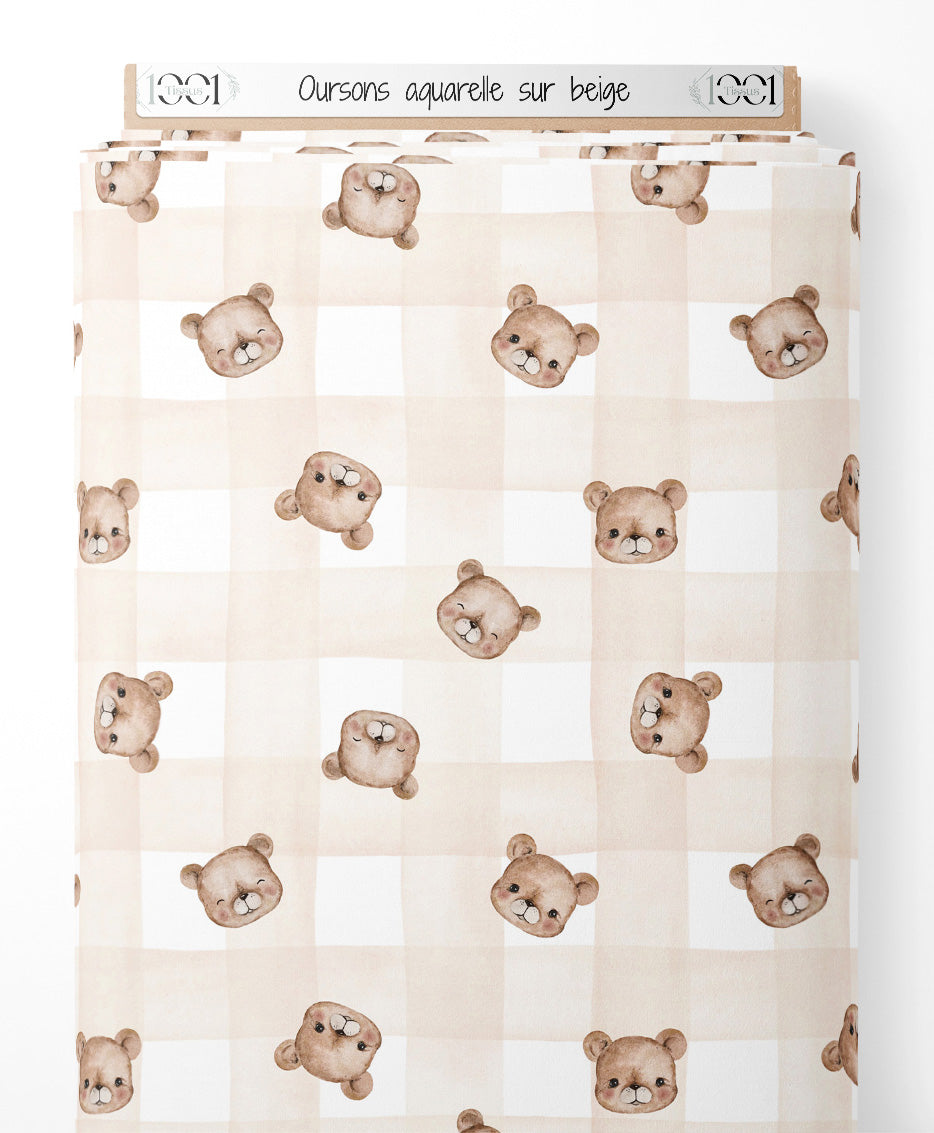Tissu - Oursons aquarelle sur beige