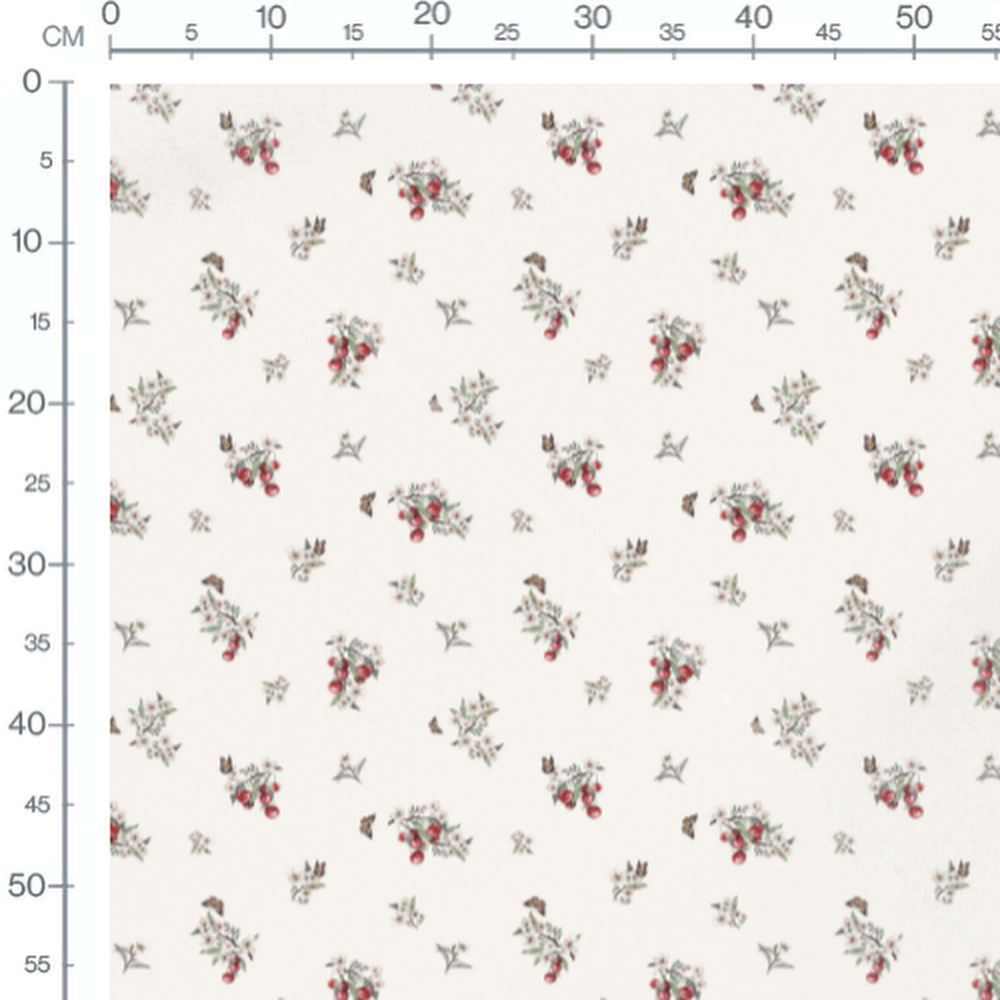 Tissu - Cerises et fleurs sur crème 2