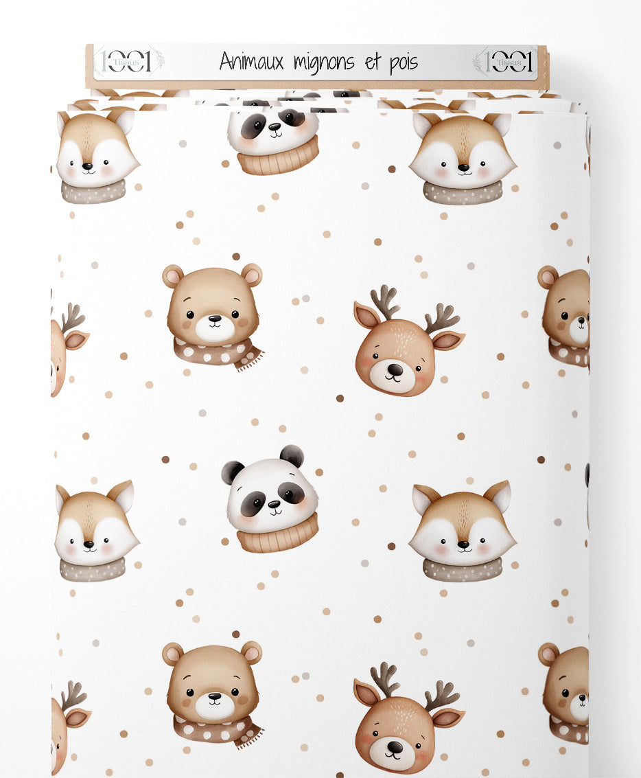 Tissu - Animaux mignons et pois