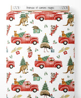 Tissu - Animaux et camions rouges