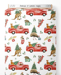 Tissu - Animaux et camions rouges