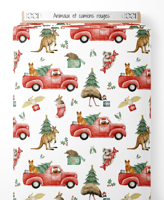 Tissu - Animaux et camions rouges