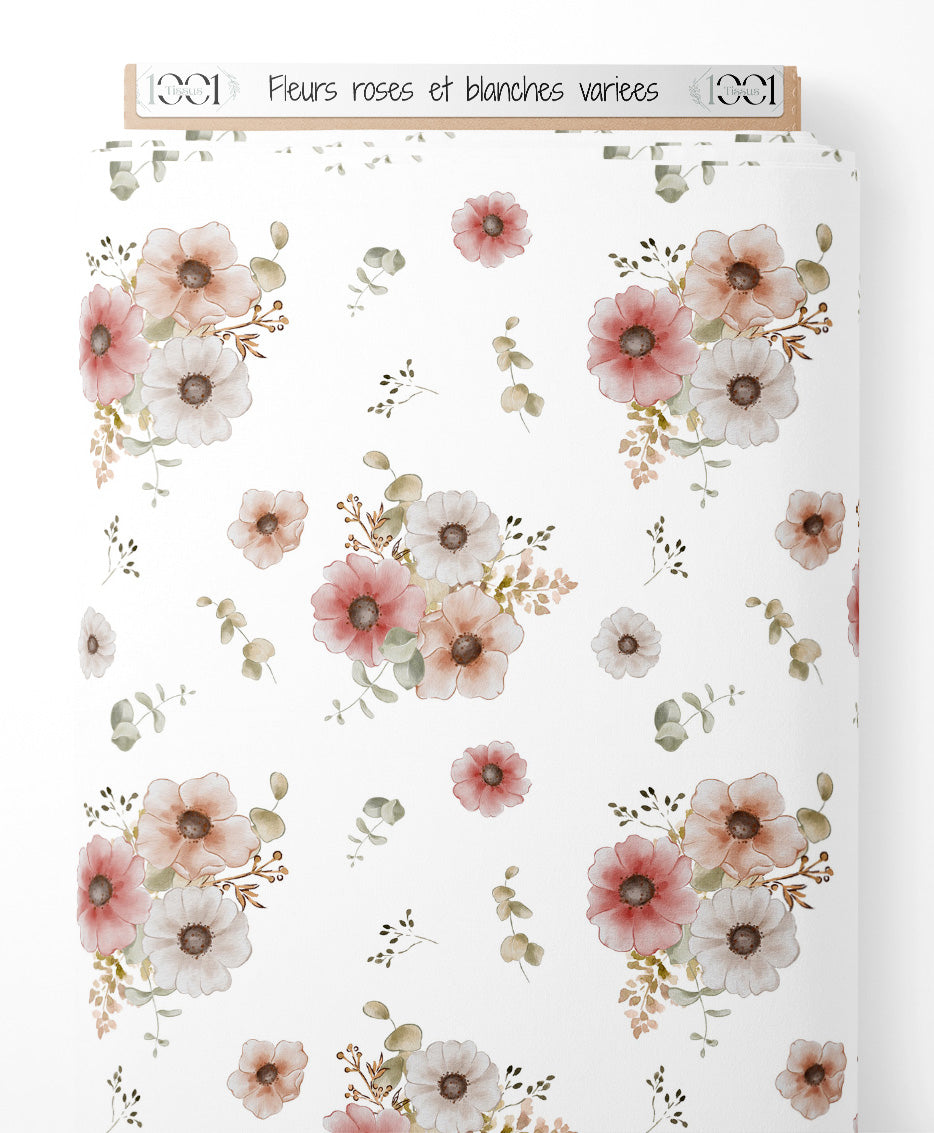 Tissu - Fleurs roses et blanches variées