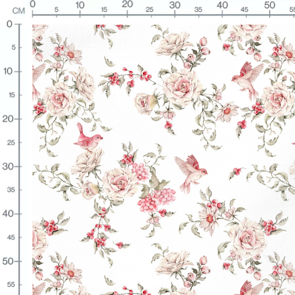 Tissu - Oiseaux roses et fleurs blanches 2