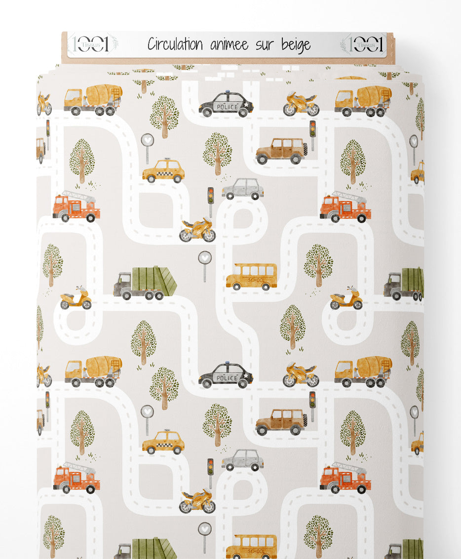Tissu - Circulation animée sur beige