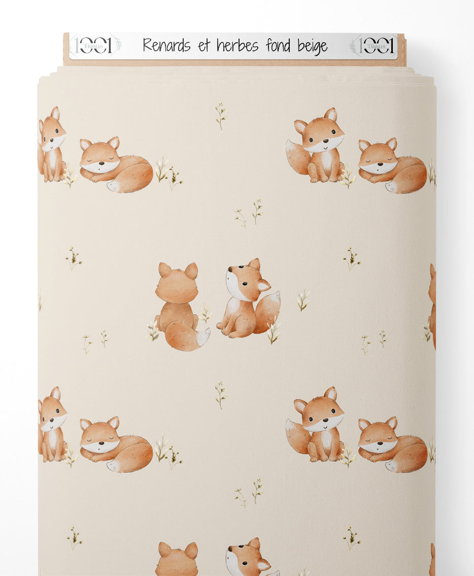 Tissu - Renards et herbes sur fond beige