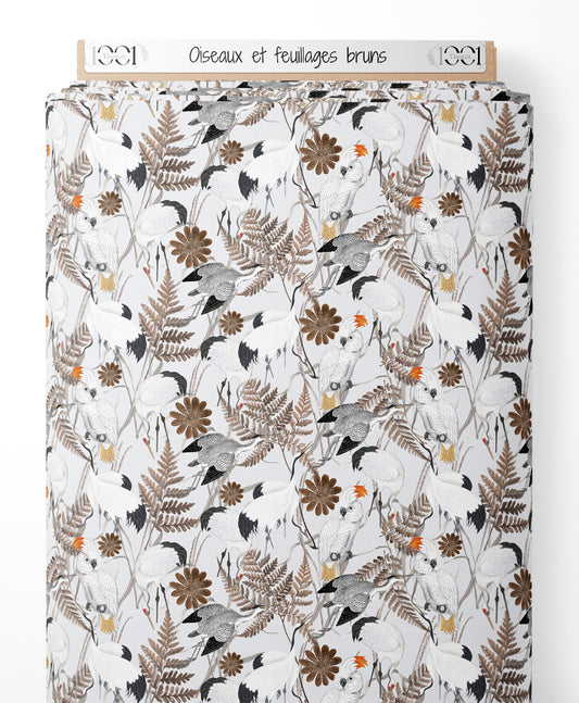 Tissu - Oiseaux et feuillages bruns