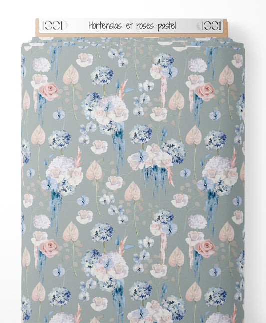 Tissu - Hortensias et roses pastel