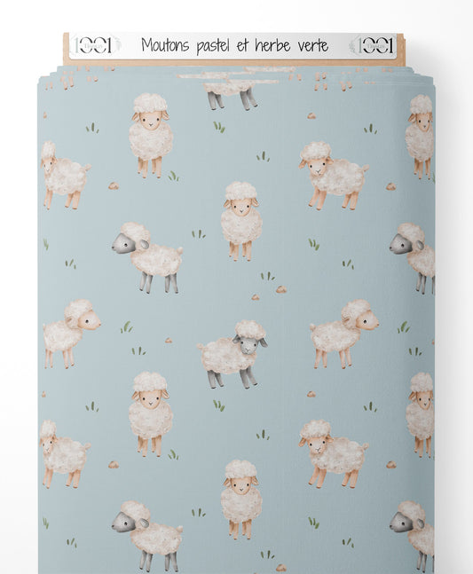 Tissu - Moutons pastel et herbe verte
