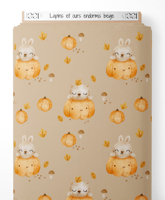 Tissu - Lapins et ours endormis beige