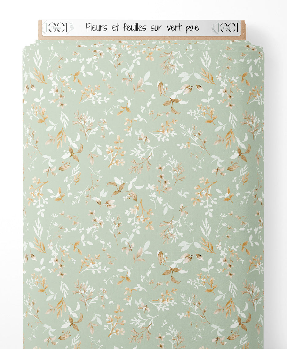 Tissu - Fleurs et feuilles sur vert pâle