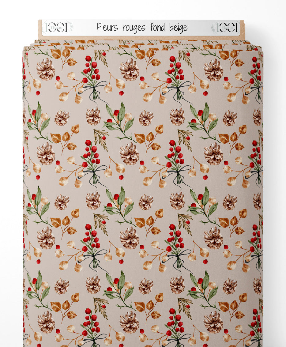 Tissu - Fleurs rouges sur fond beige