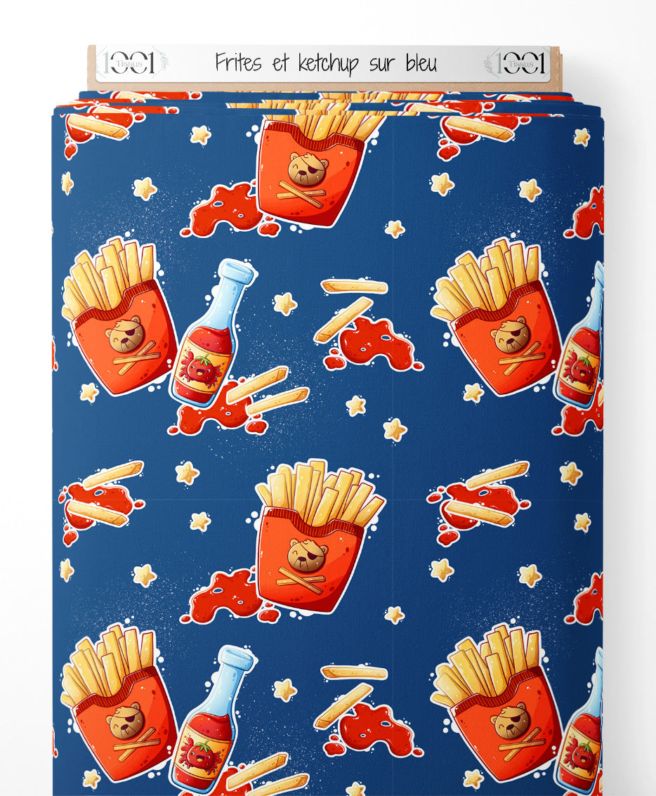 Tissu - Frites et ketchup sur bleu