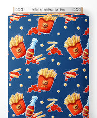 Tissu - Frites et ketchup sur bleu