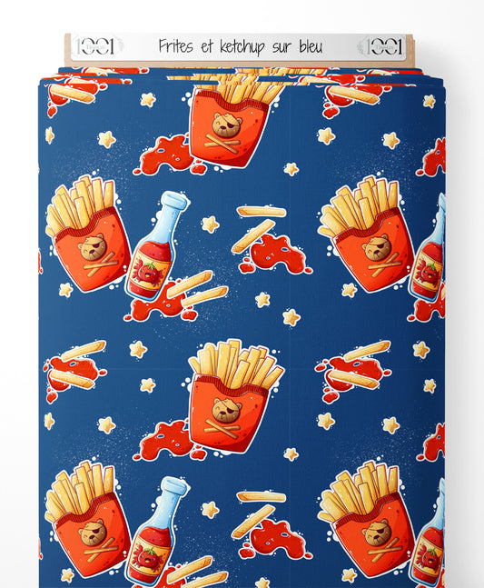 Tissu - Frites et ketchup sur bleu