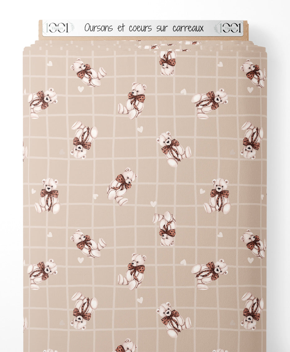 Tissu - Oursons et cœurs sur carreaux
