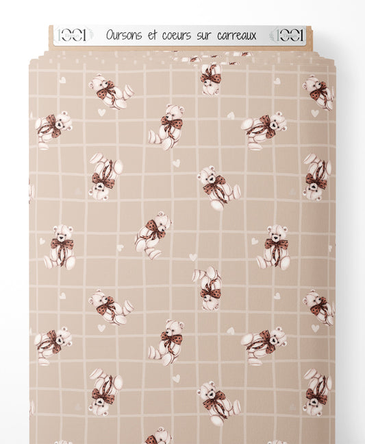Tissu - Oursons et cœurs sur carreaux