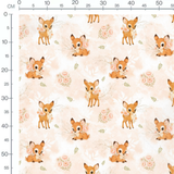 Tissu - Faons bruns et fleurs roses